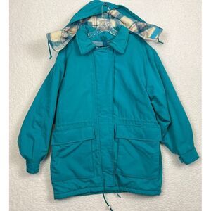 Woolrich Coat Womens Medium Flannel Wool Lined Hooded Winter Jacket Teal VTG USA